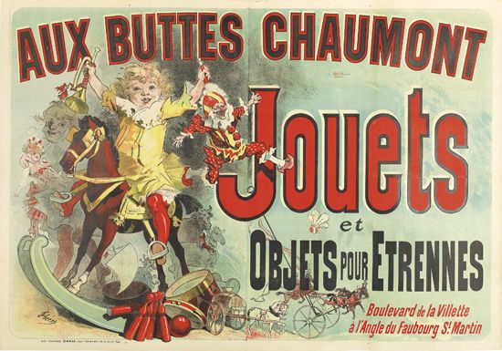 JULES CHÉRET (1836-1932). AUX BUTTES CHAUMONT / JOUETS ET OBJETS POUR ETRENNES. 1885. 48x69 inches, 123x176 cm. Chaix, Paris.
